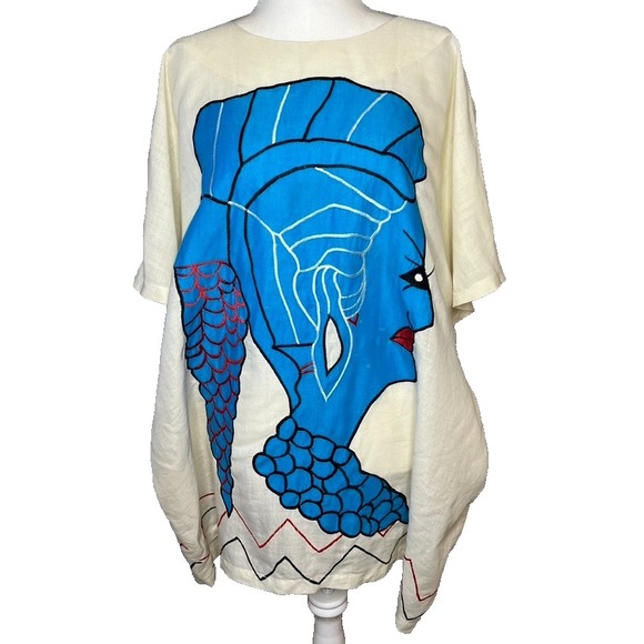 Debikol Exclusive Tops - Debikol Exclusive Vtg Tunic L Linen Hand Painted Female Motif Eccentric Art 80's